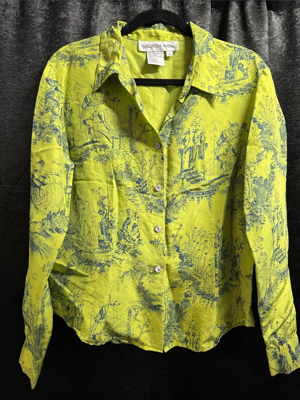 100% Silk Vintage Women's Lime Green Printed Button-Up Shirt